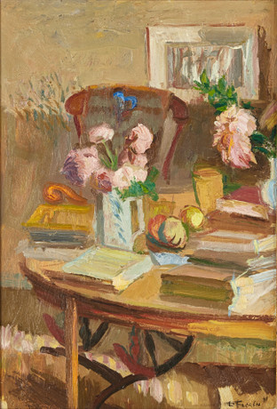LARS FLORÉN (1899–1979). Interior picture with peonies, signed and ...