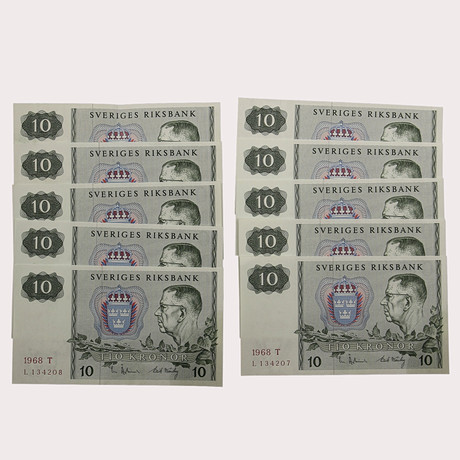SEDLAR, 10 kronor, 10 stycken i nummerföljd, 1968, Sverige. på auktion hos Limhamns Auktionsbyrå
