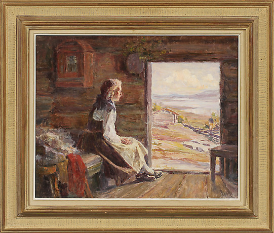 JOHAN BLADH. Vista y mujer en traje folklórico, óleo sobre lienzo ...