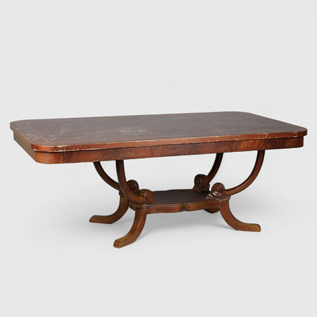 Dining table with stained beech frame and plate of various veneers ...