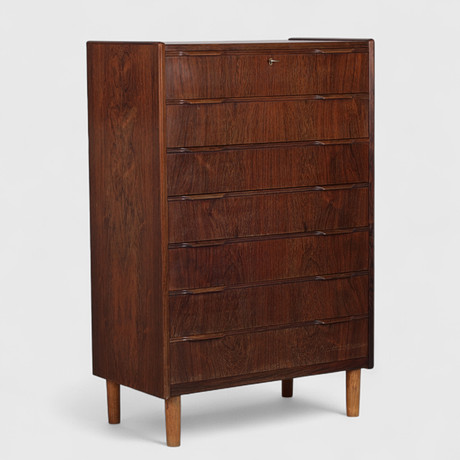 Rosewood veneer chest of drawers with seven drawers, legs of beech