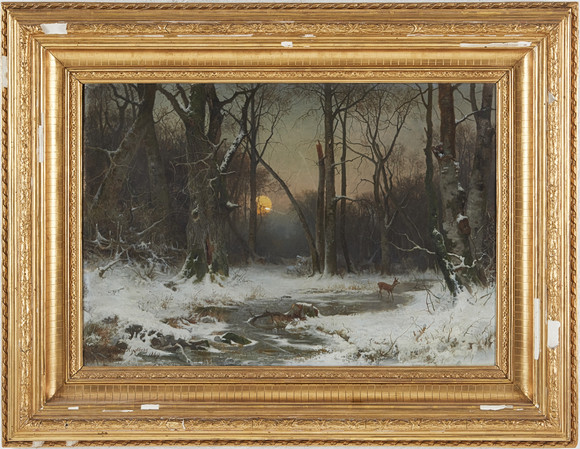 GUSTAF RYDBERG. 1835-1933. Vinterskogslandskap i månsken, olja på duk ...