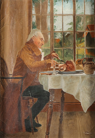 OIDENTIFIERAD KONSTNÄR, SIGNERAD J.L. 1922. Oljemålning på duk. Ätande man.