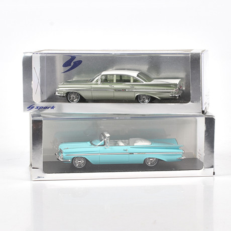 MODELLBILAR, 2 st, metall/resin, Chevrolet Impala Cab & Sedan, 1959, Spark Models, skala 1:43.