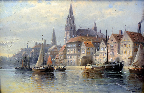 KARL KAUFMANN. Fishing boats in the harbour. Art - Paintings - Auctionet