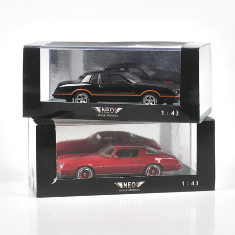 MODELLBILAR, 2 st, metall/resin, Chevrolet Camaro LT & Chevrolet Monte Carlo SS, NEO Models, skala 1:43.