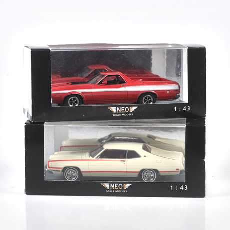 MODELLBILAR, 2 st, metall/resin, Ford XL Coupé & Ford Ranchero, NEO Models, skala 1:43.