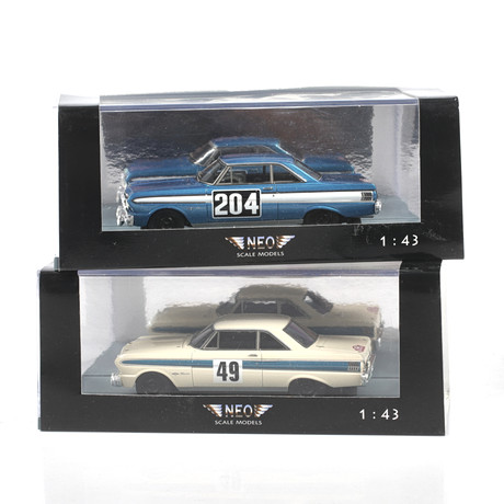 MODELLBILAR, 2 st, metall/resin, Ford Falcon Futura Sprint, Monte Carlo Rally 1964 NEO Models, skala 1:43.