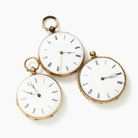 POCKET WATCH, 3 pcs., 18 gold, white enamelled dials, roman numerals ...