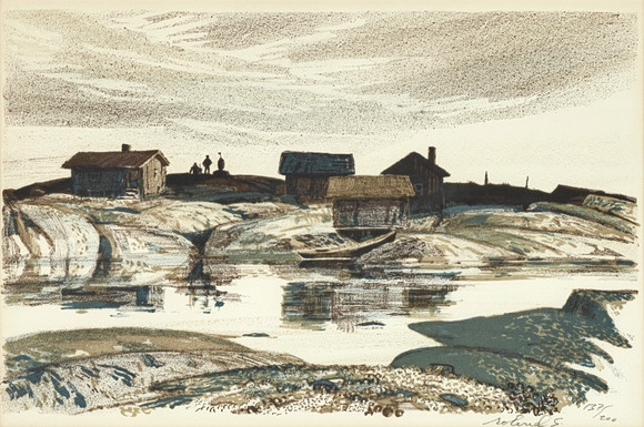 ROLAND SVENSSON (1910-2003), "Gillöga, Västerhamn" - vy från Stockholms skärgård 1971, signerad och numrerad r på auktion hos Crafoord Auktioner Stockholm