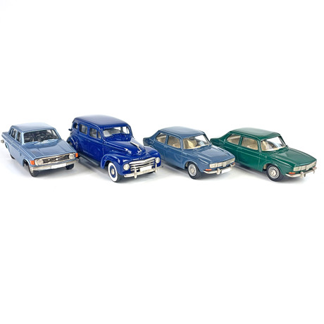 ROBEDDIE, MODELLBILAR, 4st 1969, 1973 och 1950, Saab och Volvo, originalförpackningar.