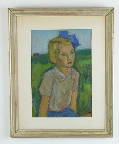 CARL MAGNUS LINDQUIST. gouache on paper, Girl with bow in her hair ...