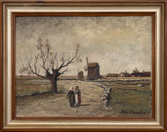 FILLE FROMÉN (U1182-1927). Rural picture with women, oil on masonite ...