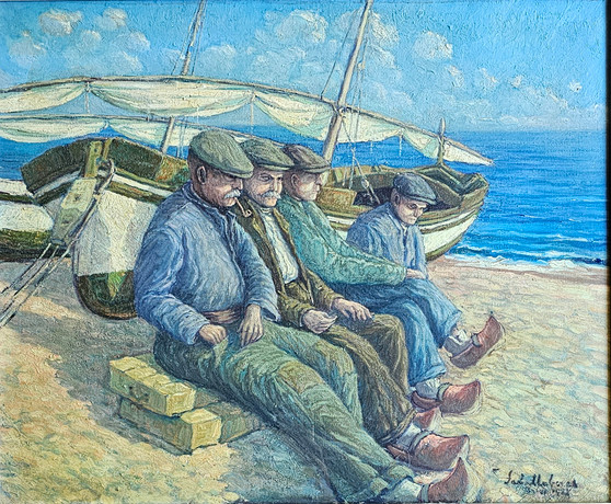 油彩画 漁船と漁師 A. De La Cruz ANGEL DE LA CRUZ. OIL CANVAS. FISHERMEN ON THE BEACH. Art