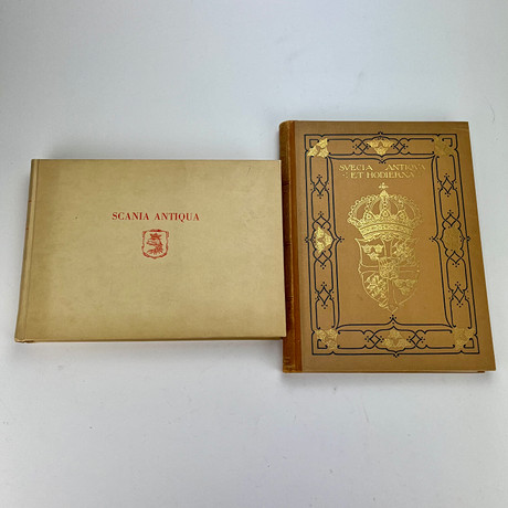 BOK, Scania Antiqua, Bilder från det forna Skåne, Malmö 1931, BOK, Svecia Antiqua et Hidierna, halvfranskt band, Erik Dahlberg, Stockholm 1910.
