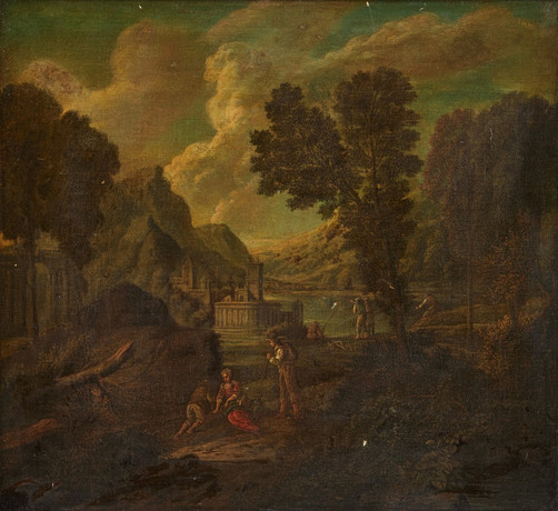 DIRK DALENS (DORDRECHT 1600-1676 ZIERIKZÉE). tillskriven, Landskap med stadsvy i bakgrunden och vandrande säll på auktion hos Stockholms Auktionsverk Magasin 5