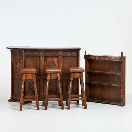 BAR COUNTER, BAR STOOLS, WALL SHELF, 5 dlr, English style, stained oak ...