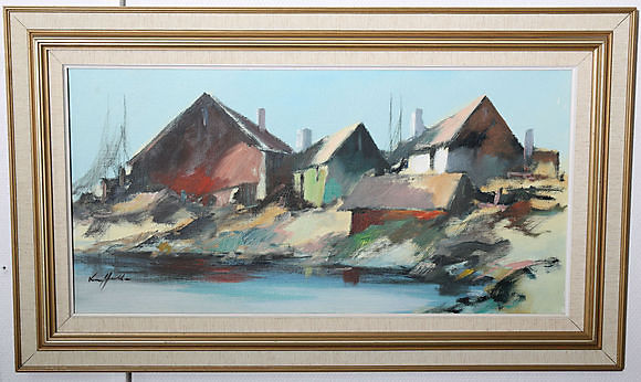 LARS HALL. Oil on canvas, Fishing huts, signed. Art - Paintings - Auctionet