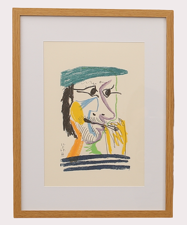 PABLO PICASSO. Färglitografi, efter, rökande man, 20.5.64. III, ur "LE GOUT DU BONHEUR" Schünemann, nr 403/666, år 1970.