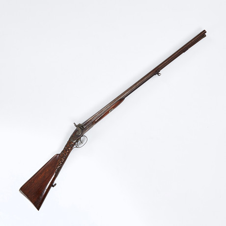 PERCUSSION LOCK RIFLE. double-barreled, mid 19th century, log in ...