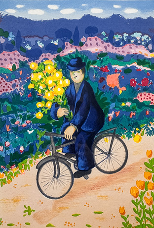 LENNART JIRLOW. FÄRGLITOGRAFI, "Cyklande man med bukett", sigill, signerad, numrerad.