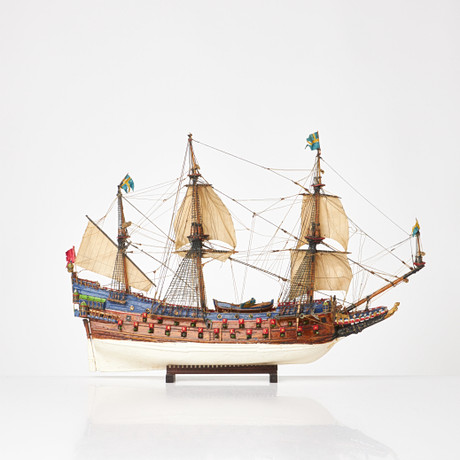 SHIP MODEL, Regal ship “Wasa”, painted wood, cloth sail, with stand ...
