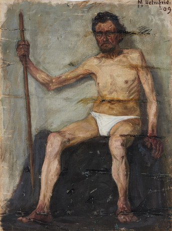 MARTIN HELMFRID (1890-1979), Modell: sittande man med käpp, akademistudie, signerad och da