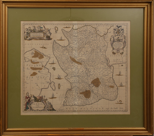 JOHANNES JANSSONIUS. KARTA. Grafiskt blad. "Scania vulgo Schonen". 1678, senare avdrag.