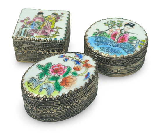Three Chinese collector's boxes in metal and porcelain and enamel ...