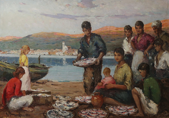 ANGEL DE LA CRUZ. OIL CANVAS. FISHERMEN ON THE BEACH. Art