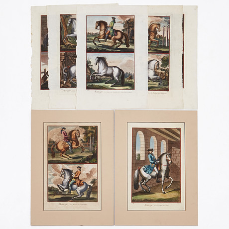 ROBERT BÉNARD (1734-1778), efter, (7) handkolorerade kopparstick, olika ridmotiv "Manége,...", sent 1700-tal.