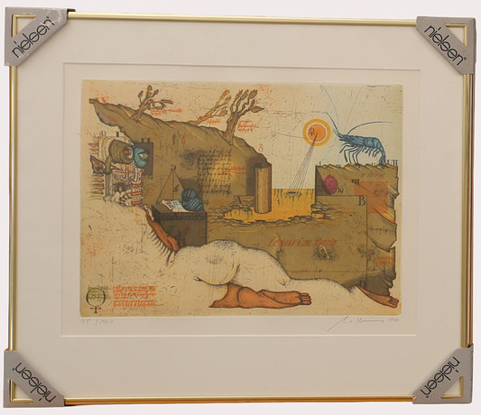 ÅKE HOLM. Horse head and human face, lithography, signed Å Holm