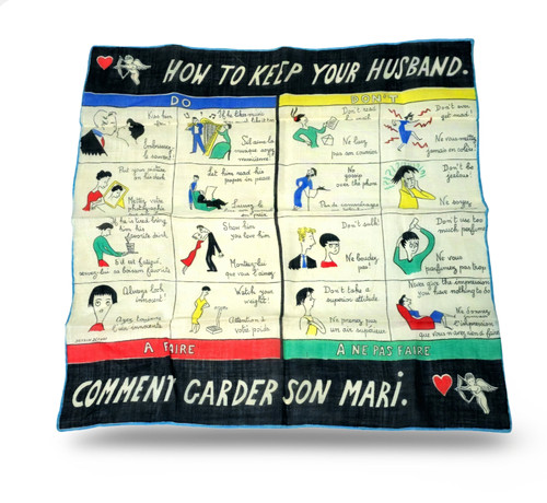 ”HUR MAN HÅLLER DIN MAN” 50-talssjal, ”KOMMENTAR GARDER SON MARI”.