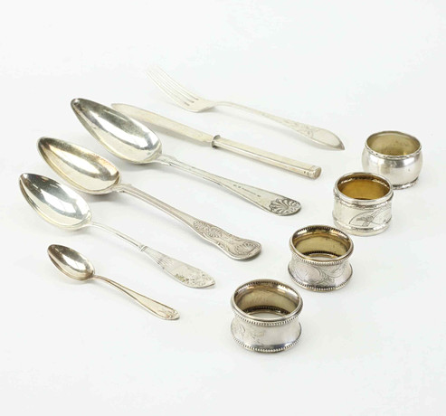 SILVER OBJECTS, spoons, napkin rings, fork, knife, 18/20th century ...