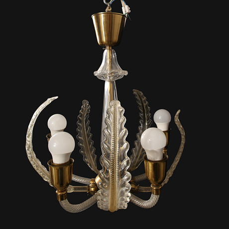 FRITZ KURZ. Taklampa, glas och mässing, Orrefors, 1940-tal. på auktion hos Limhamns Auktionsbyrå