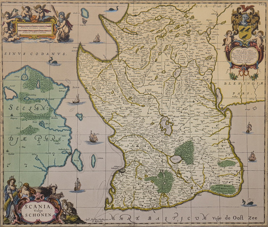 KARTA, Skåne, "Scania vulgo Schonen", Johannes Janssonius, samtida.