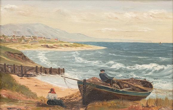 ANGEL DE LA CRUZ. OIL CANVAS. FISHERMEN ON THE BEACH. Art