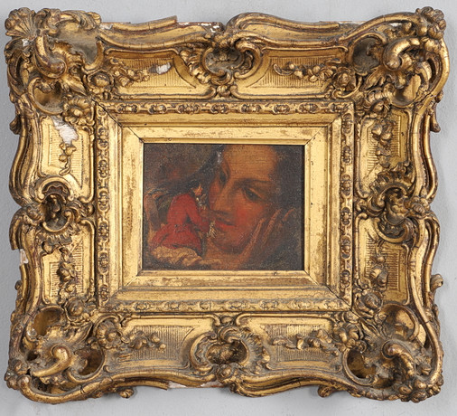 FOLLOWER OF EDWARD CALVERT (1799-1883). DRÖMMEN, STUDIE AV EN MAN I RÖD JACKA, HÄNDERNA KN