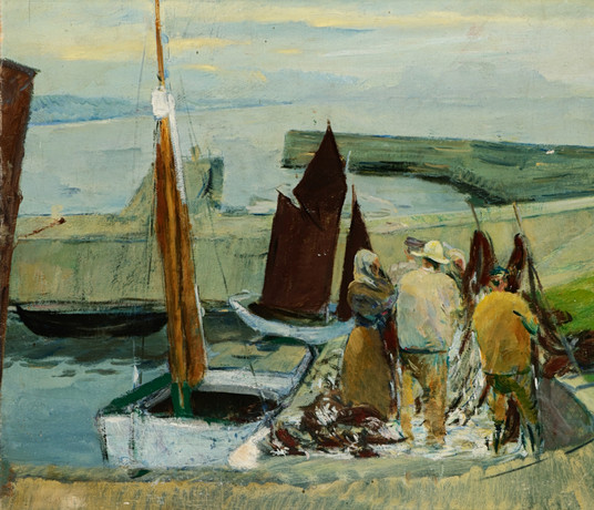ANGEL DE LA CRUZ. OIL CANVAS. FISHERMEN ON THE BEACH. Art