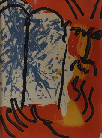 ÅKE HOLM. Skulptur, Moses med stentavla, stengods, signerad