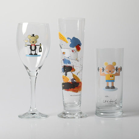 MICHAEL SIEGER. Beer and shot glasses, 20 pieces, painted and