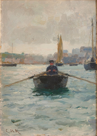 CHARLES NAPIER HEMY. (Storbritannien, 1841-1917). Man i roddbåt, monogramsignerad, olja på pannå.