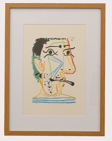 PABLO PICASSO. Efter, färglitografi , rökande man,märkt 20.5.64 VI ur "LE GOUT DU BONHEUR" , Schünemann år 1970. Nr 403.