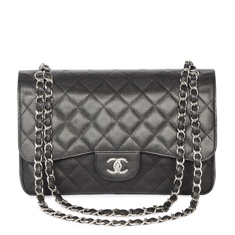 CHANEL. Klassisk 'Jumbo Double Flap' väska - väska i caviar-läder och silverfärgad hårdvara.