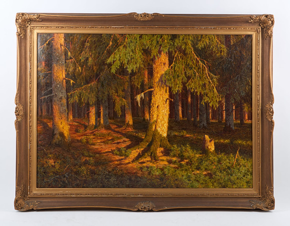 IVAN FEDOROVITCH CHOULTSÉ (1874/77-C.1937). Skogsinteriör i aftonrodnad, signerad samt daterad 1916, olja på duk.