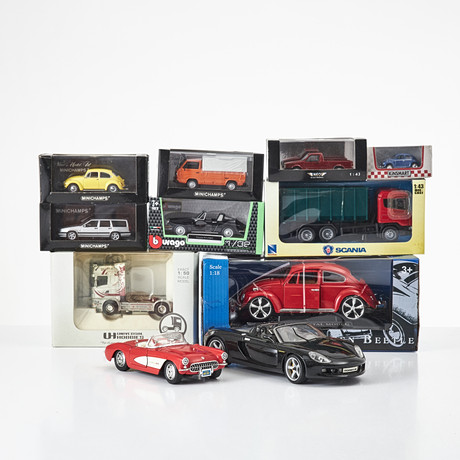 MODELLBILAR, 11 st, Porsche, Volkswagen, Scania, Corvet, Volvo, Minichamp, Burago, Maistro, Universal Hobbies, Newray.