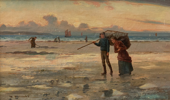 ANGEL DE LA CRUZ. OIL CANVAS. FISHERMEN ON THE BEACH. Art