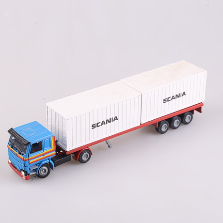 MODELLBIL, Tekno Holland, Dragbil Scania 112H med trailer och två containrar.
