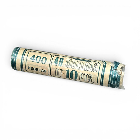 Rulle med 40 stycken 10-pesetamynt från 1983.