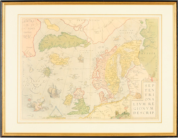 KARTA. Abraham Ortelius. "Septentrionalium Regionum Descrip". på auktion hos Uppsala Auktionskammare